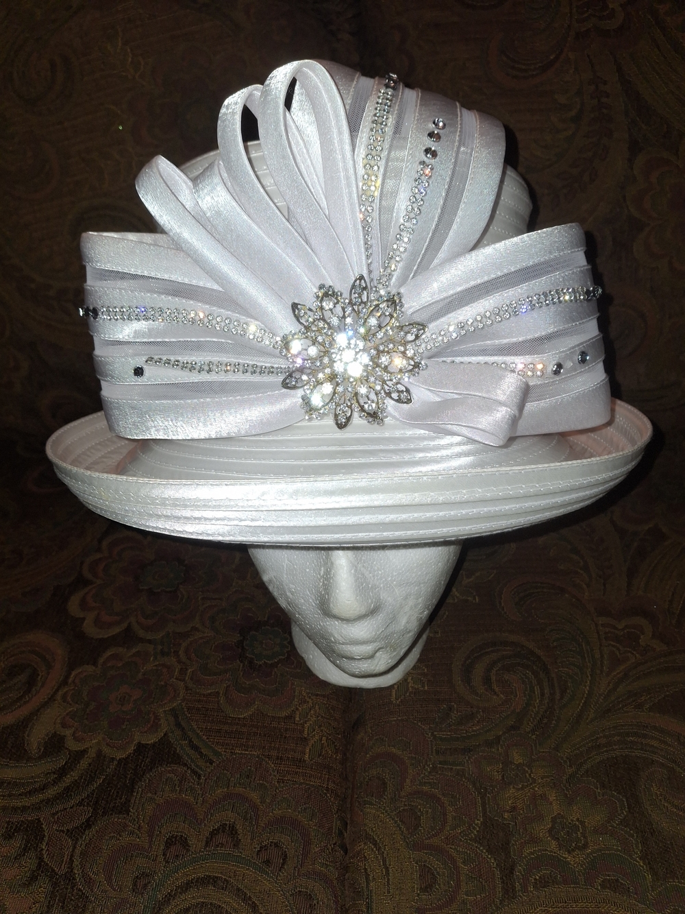 Ms Divine Elegant White Satin Church Hat with Crystal Brooch